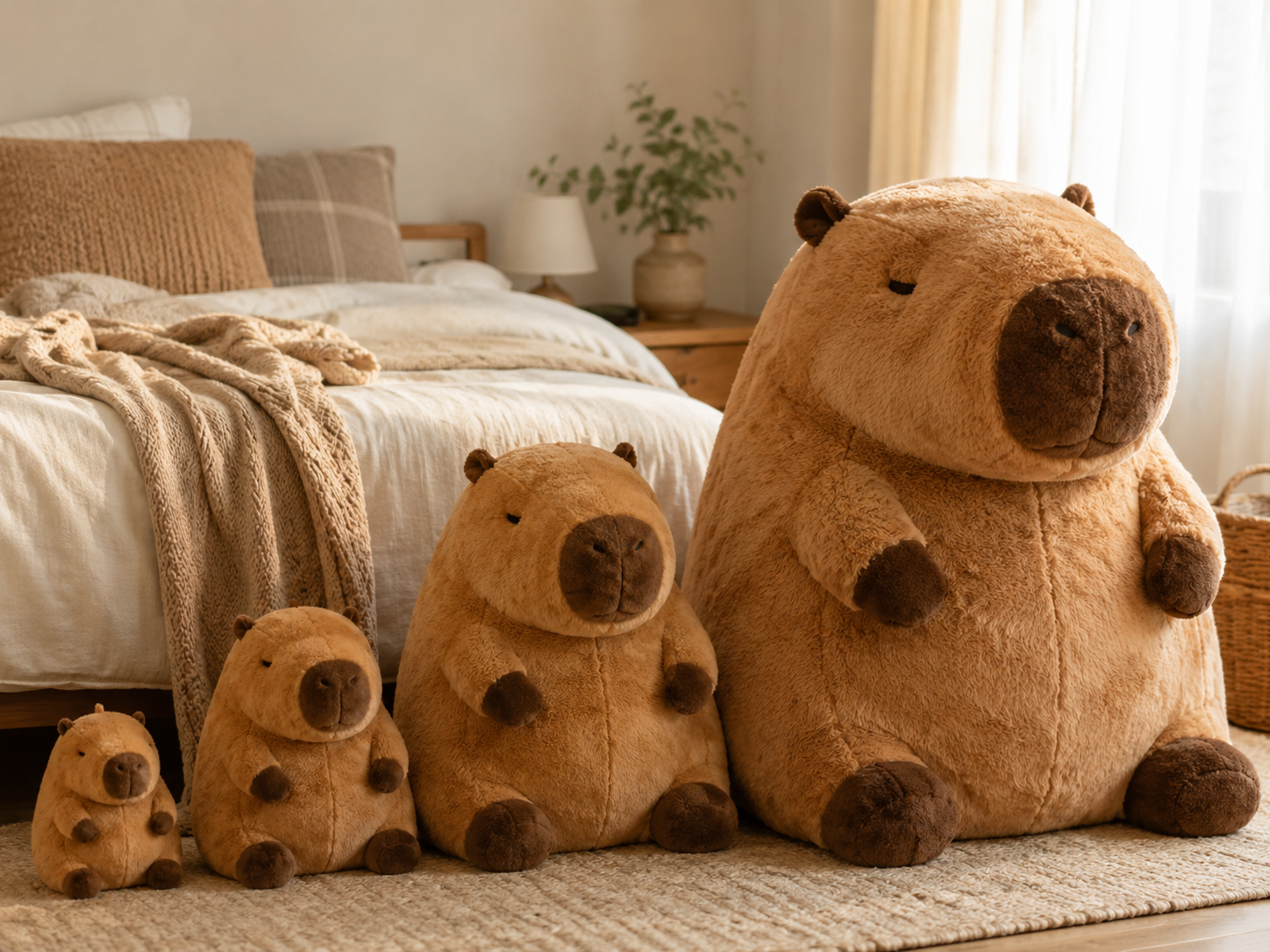Four capybara plush toys in small, medium, large, and giant sizes arranged beside a bed in a cozy bedroom.