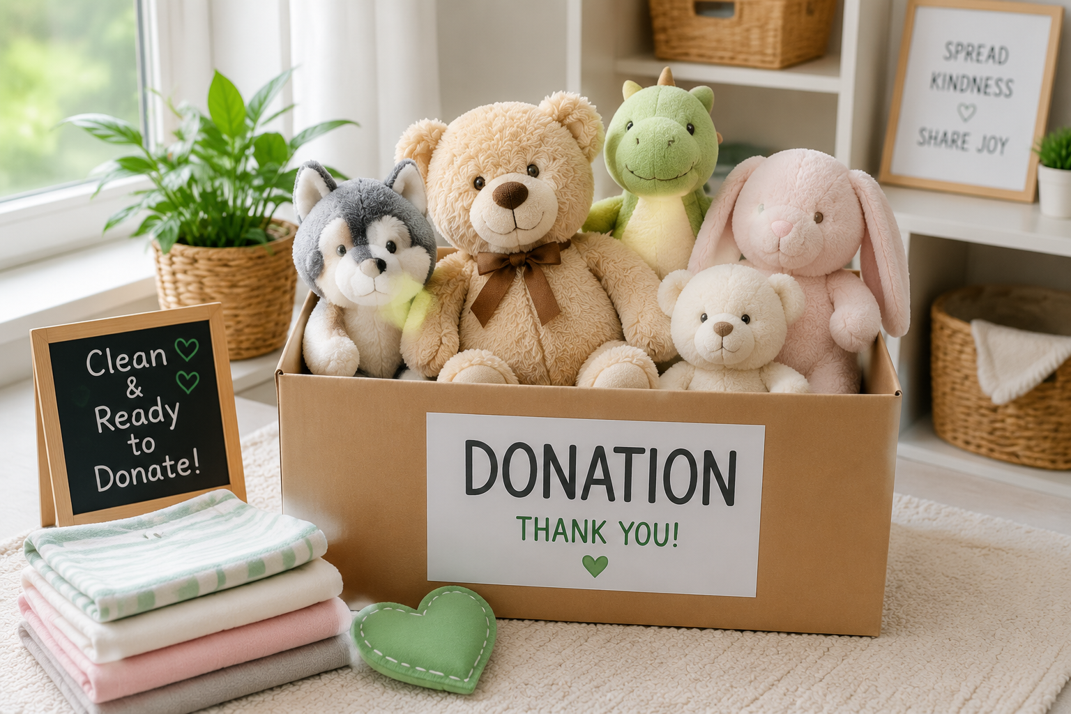 Clean stuffed animals prepared for donation in a box, ready to bring comfort to children in need
