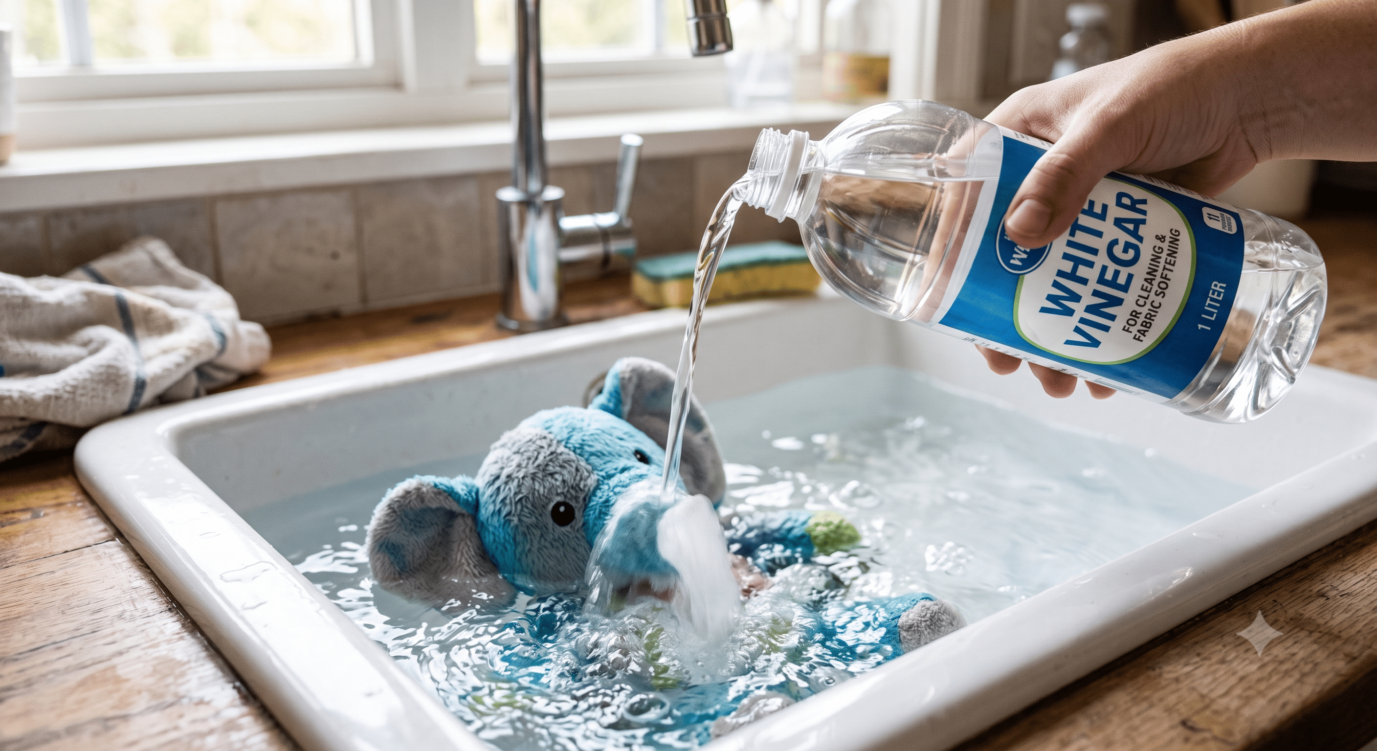 Close-up of white vinegar being poured into a sink of cold water with a blue plush elephant toy, demonstrating a natural cleaning method for stuffed animals.