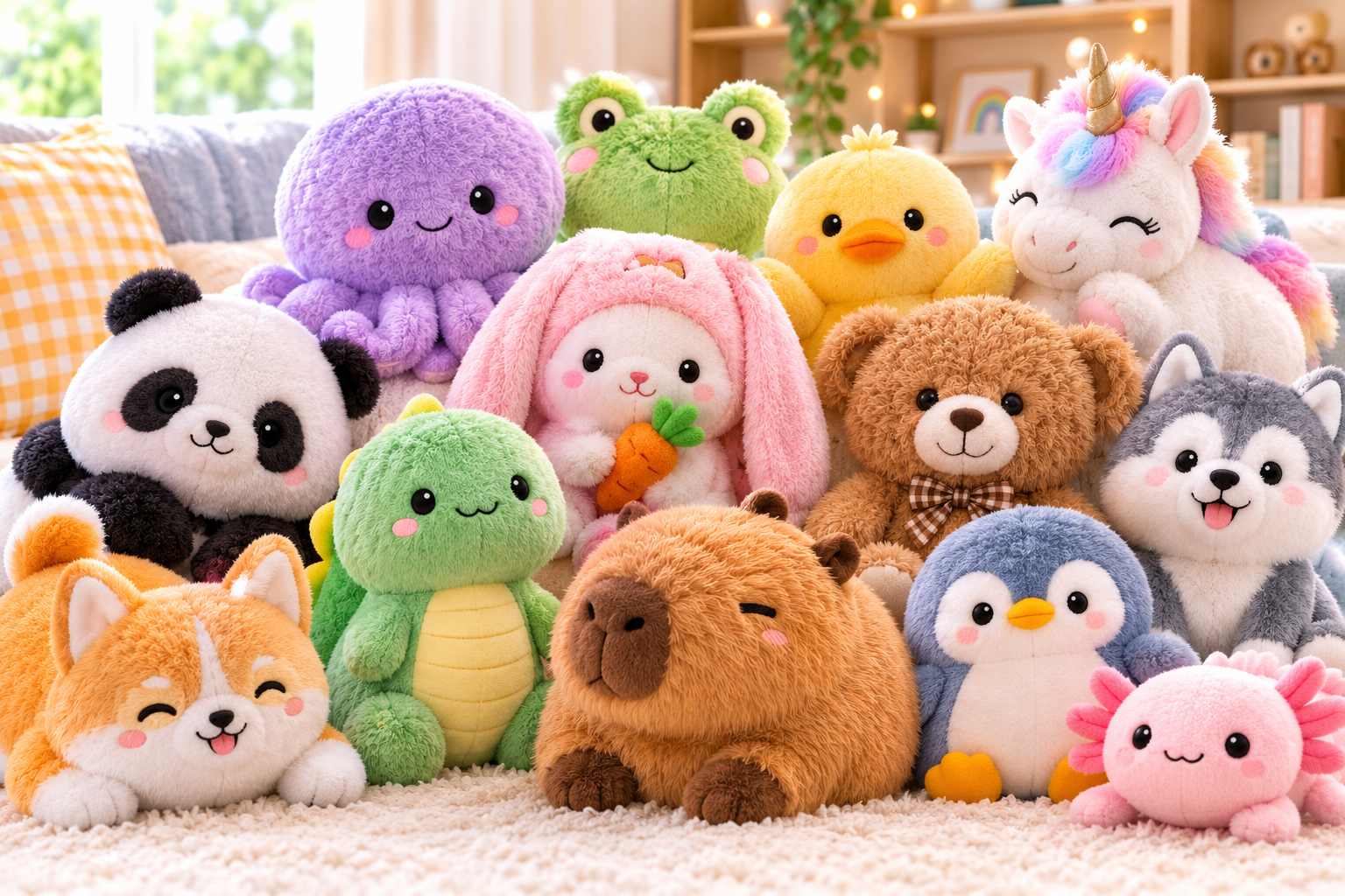 A vibrant collection of brightly colored kawaii plush toys sitting together in a cozy room.