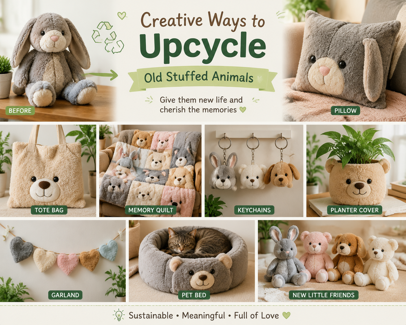 Creative ways to upcycle old stuffed animals into pillows, bags, pet beds, and other useful items