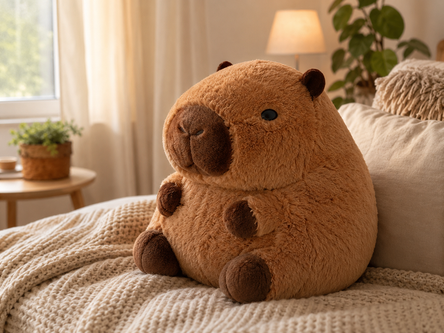 Cute capybara plush toy sitting in a cozy room with a knit blanket, warm lamp light, and soft neutral decor.