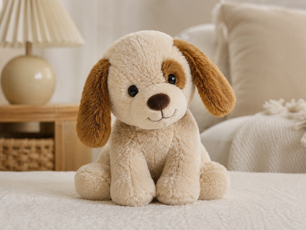 Photorealistic cute cream-and-brown dog plush toy with floppy ears sitting in a cozy neutral-toned room.