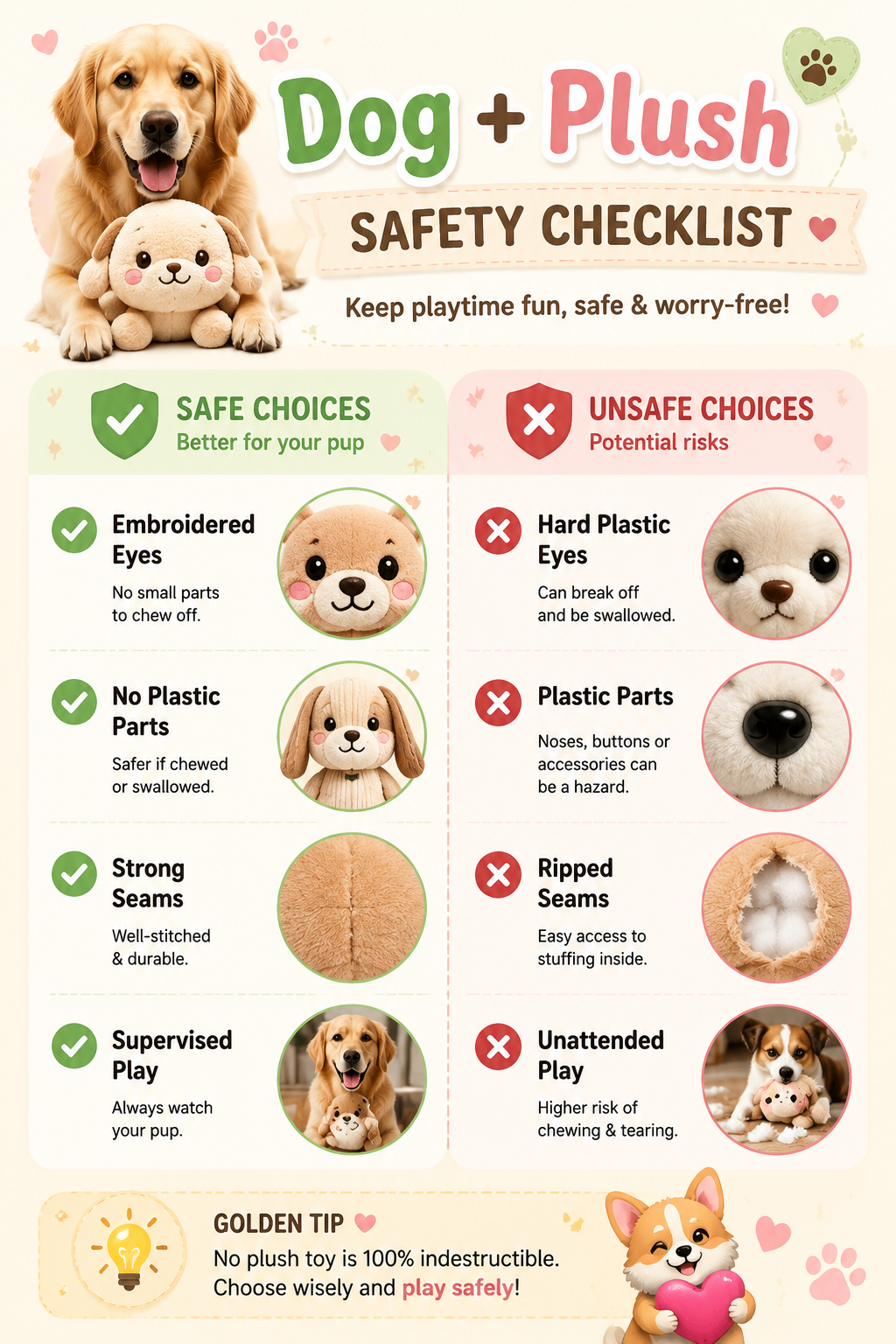 Dog plush toy safety checklist showing safe and unsafe stuffed animal features including embroidered eyes, strong seams, plastic parts and stuffing risks