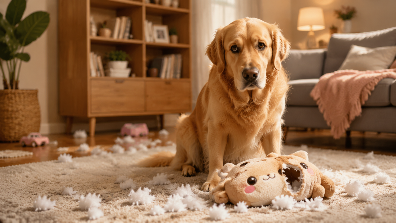 Golden retriever dog sitting next to a torn stuffed animal with stuffing scattered on the floor, showing the dangers of plush toys for dogs