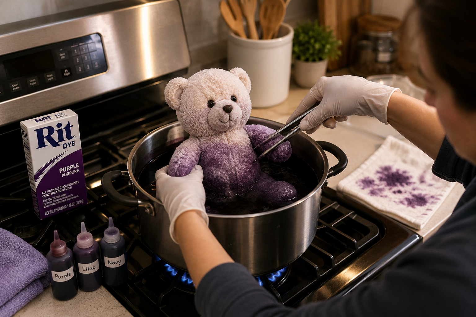 A person wearing gloves dyes a stuffed teddy bear purple in a pot on the stove.