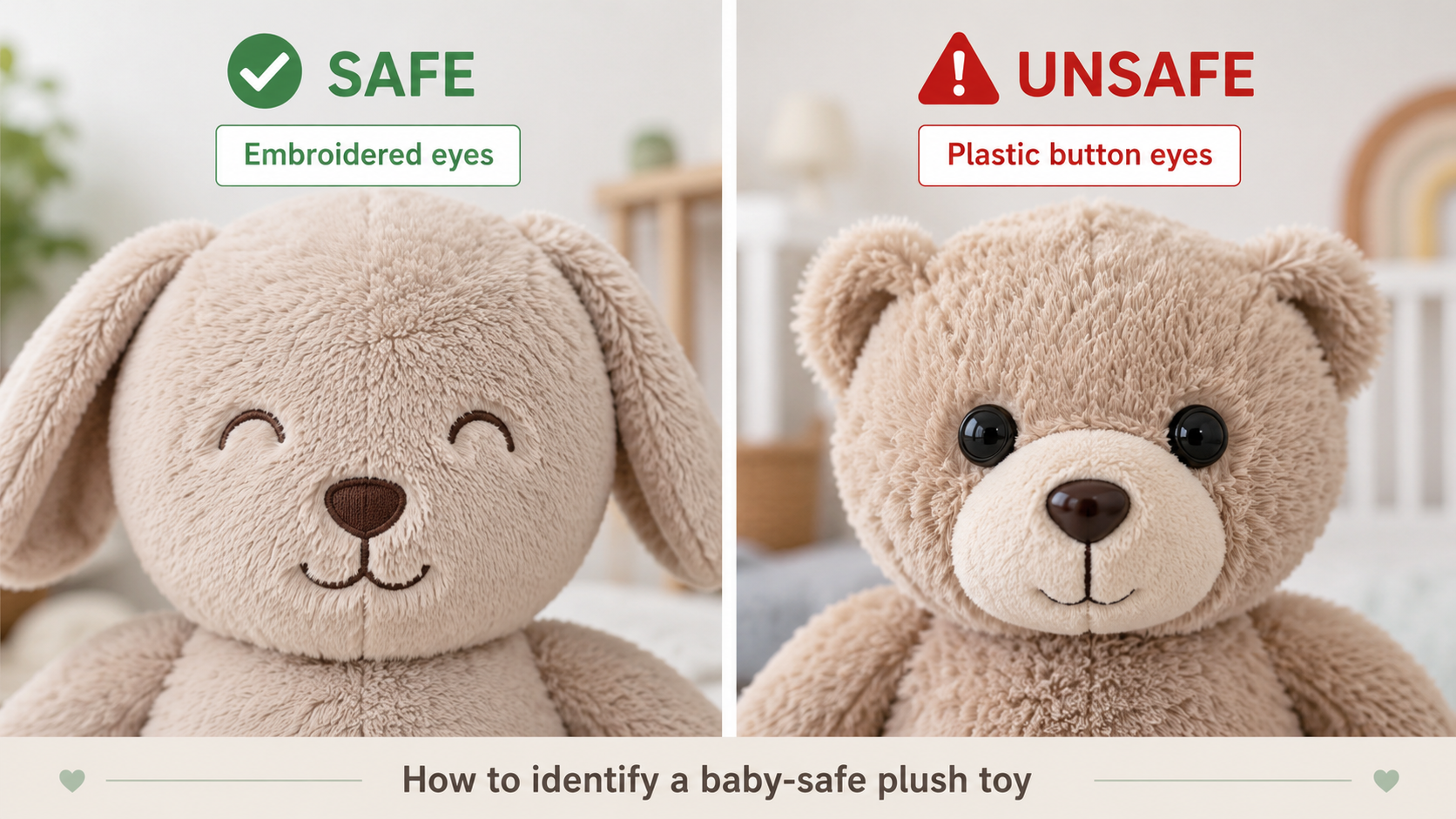 Realistic close-up comparison of a baby-safe plush toy with embroidered eyes and an unsafe plush toy with hard plastic button eyes.