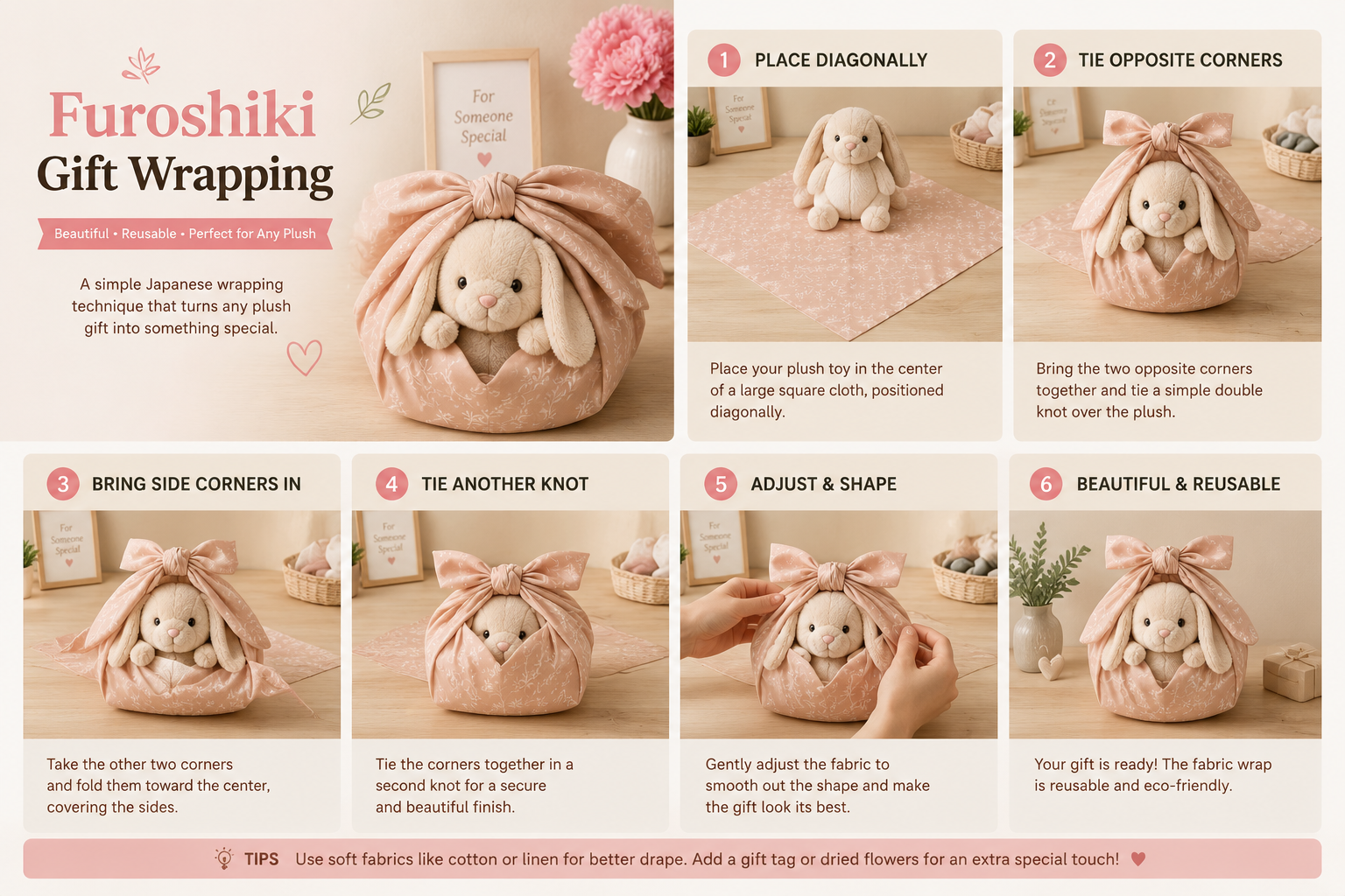 Step-by-step Furoshiki gift wrapping guide for irregular shaped plush toys showing how to wrap a stuffed animal with fabric using simple folding and knotting techniques.