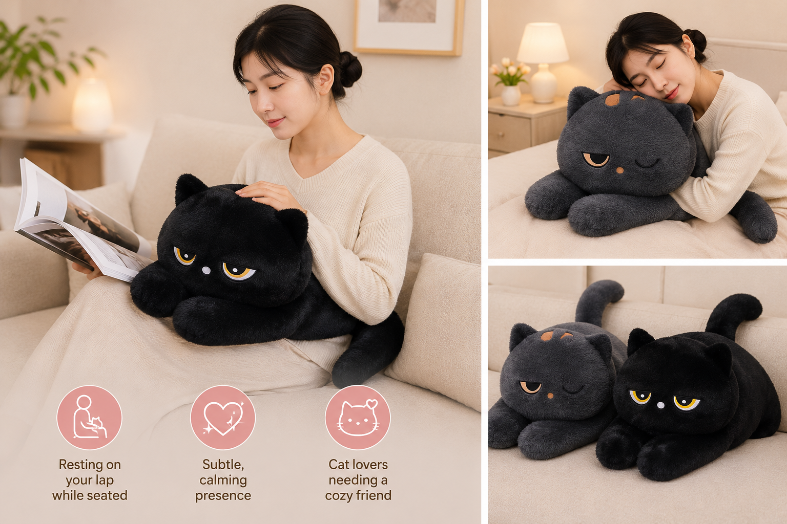 Young woman relaxing with a chunky black cat plush on her lap, showing its calming weight and cozy companionship for cat lovers