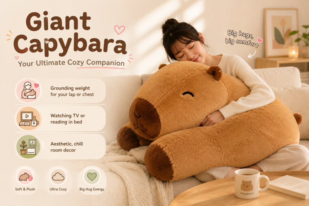 Young woman hugging a giant capybara plush toy on a cozy sofa, showing its comforting weight for relaxation, reading, and home decor