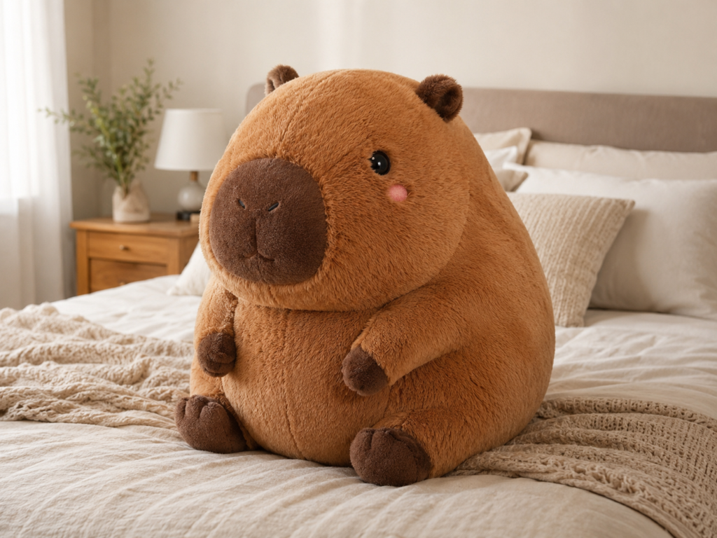 Photorealistic giant capybara plush toy sitting on a bed in a cozy neutral-toned bedroom.