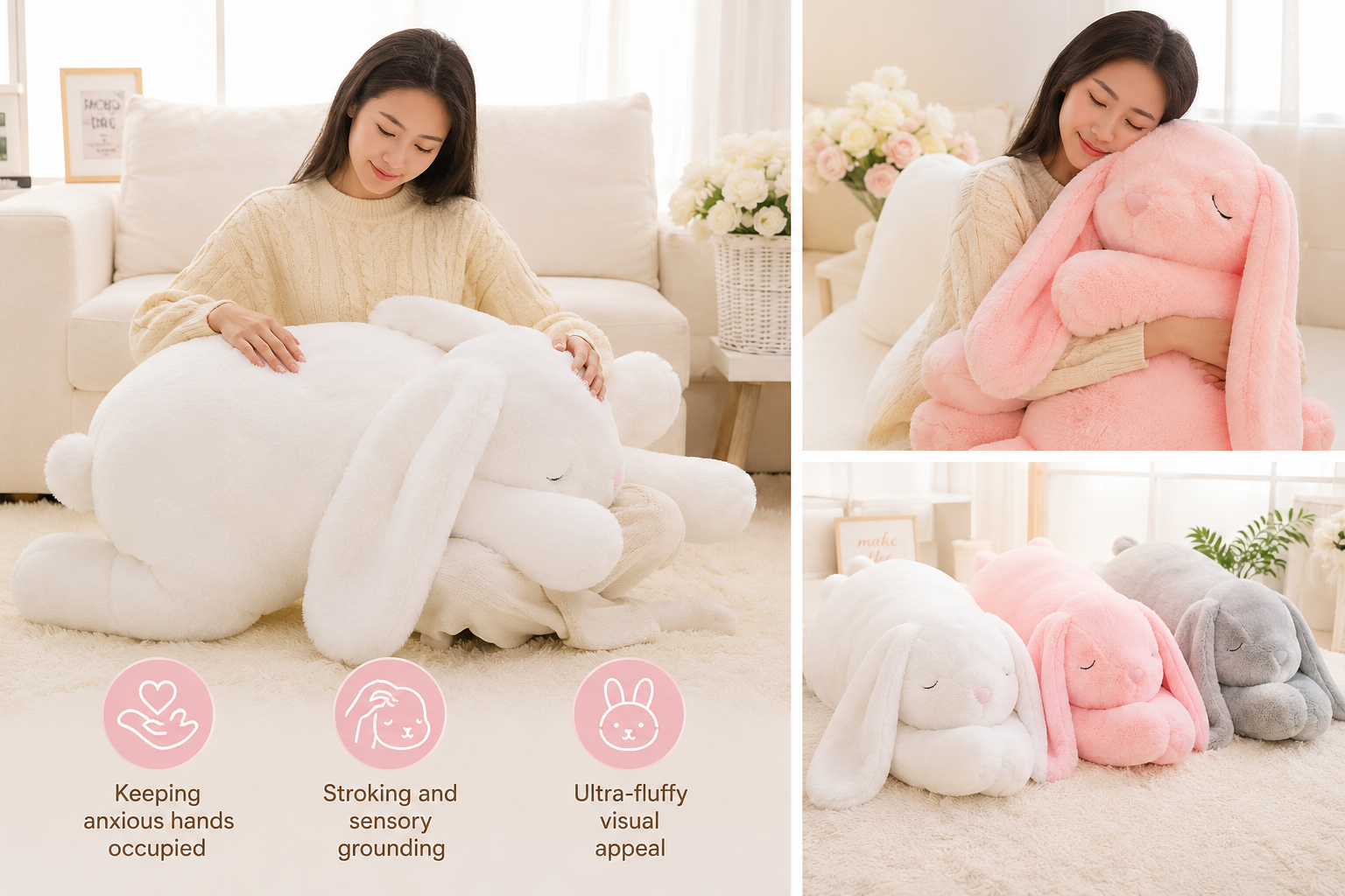 Young woman stroking and hugging a giant fluffy bunny plush with long floppy ears for sensory grounding, relaxation, and tactile comfort