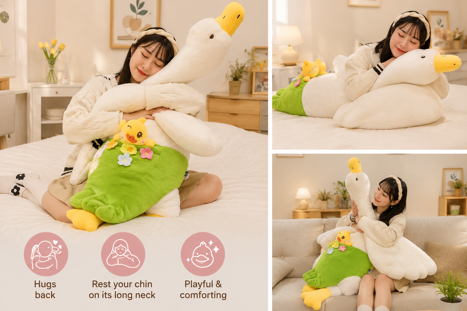 Young woman hugging a giant goose plush with a long neck and floppy wings for wraparound comfort, chin support, and playful companionship