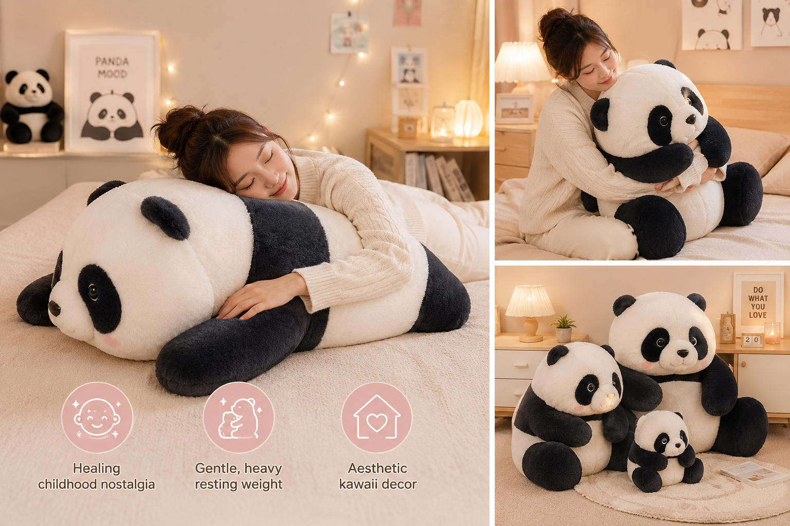 Young woman cuddling a giant panda plush in a cozy bedroom, highlighting gentle resting weight, nostalgic comfort, and kawaii room decor