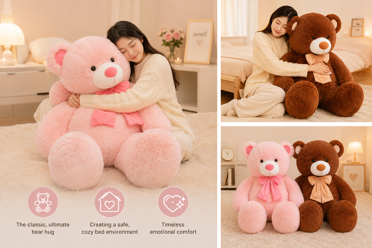 Young woman hugging oversized pink and brown teddy bears in a cozy bedroom, showing classic bear hugs, warmth, and timeless emotional comfort