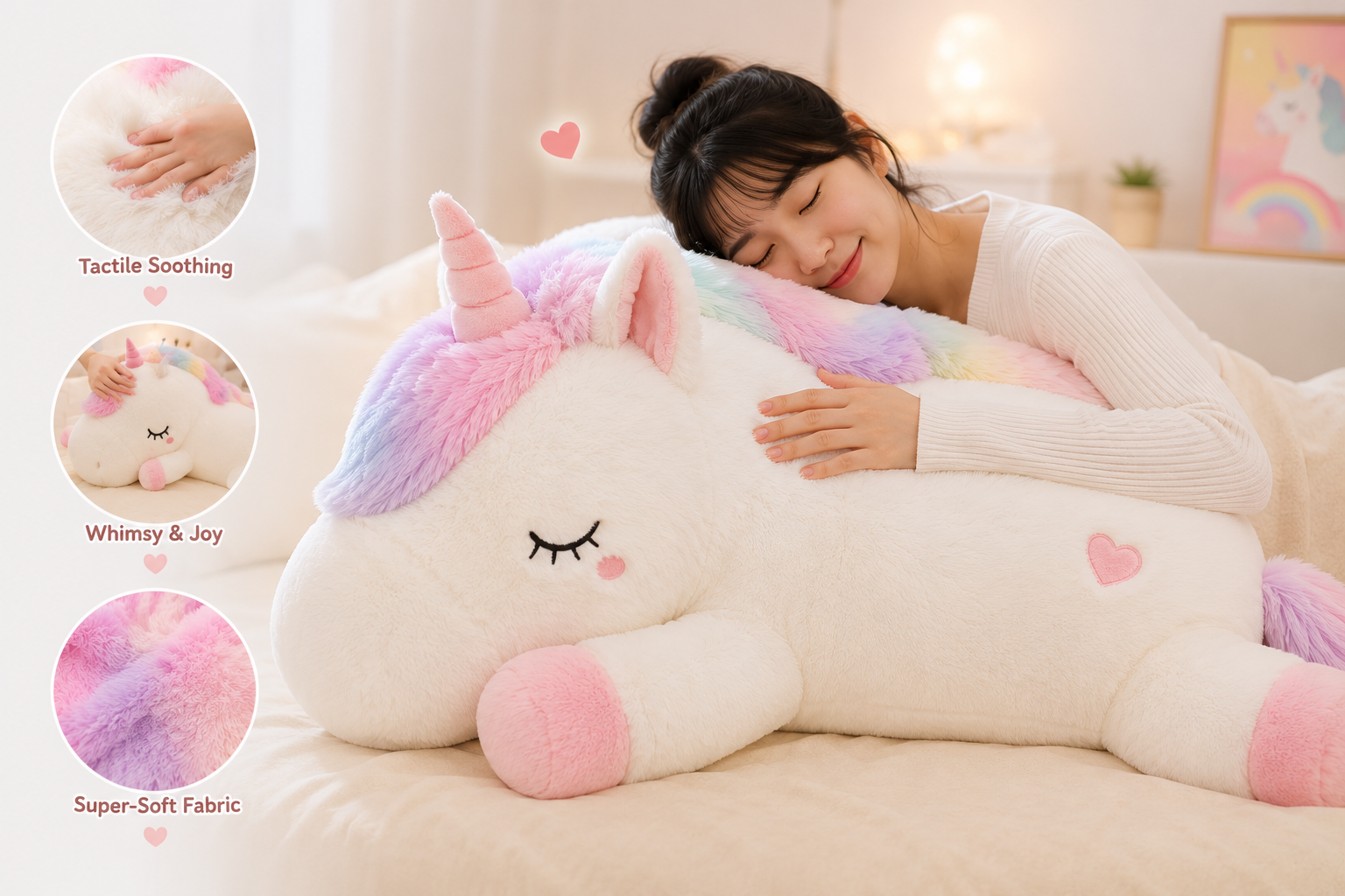 Young woman gently hugging and stroking a giant fluffy unicorn plush for tactile soothing, sensory comfort, and relaxation
