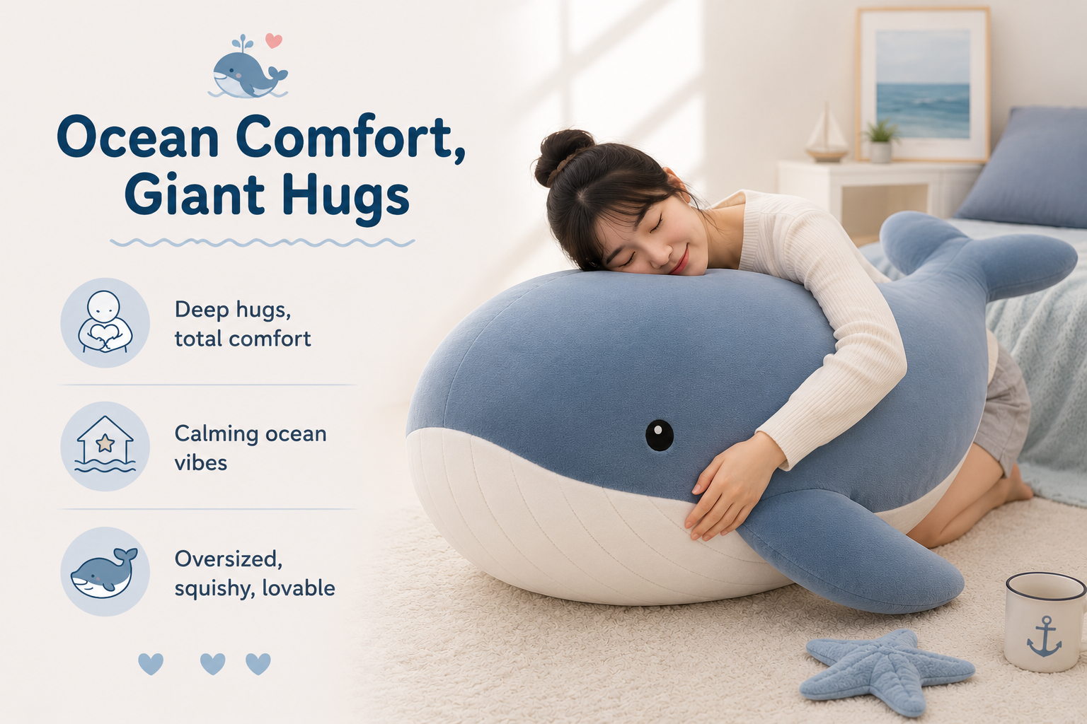 Young woman hugging an oversized blue whale plush in a calm ocean-themed bedroom for deep comfort, relaxation, and cozy room decor