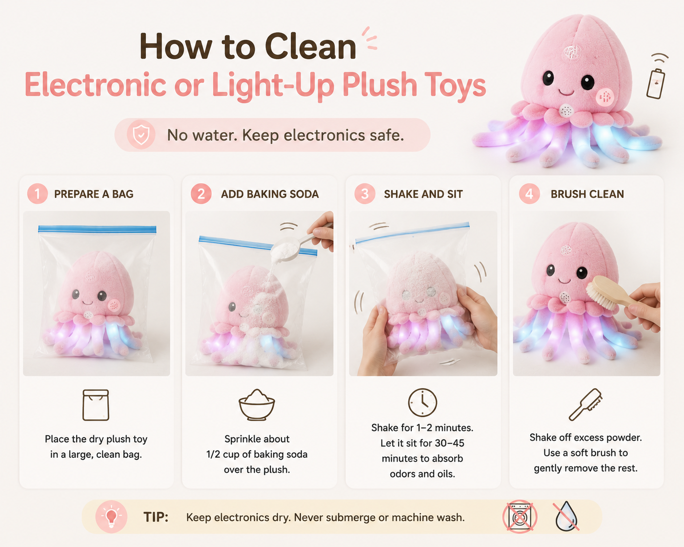 A simple step-by-step infographic showing how to clean electronic or light-up plush toys using a dry baking soda method, including placing in a bag, adding baking soda, shaking, and brushing clean while avoiding water damage.