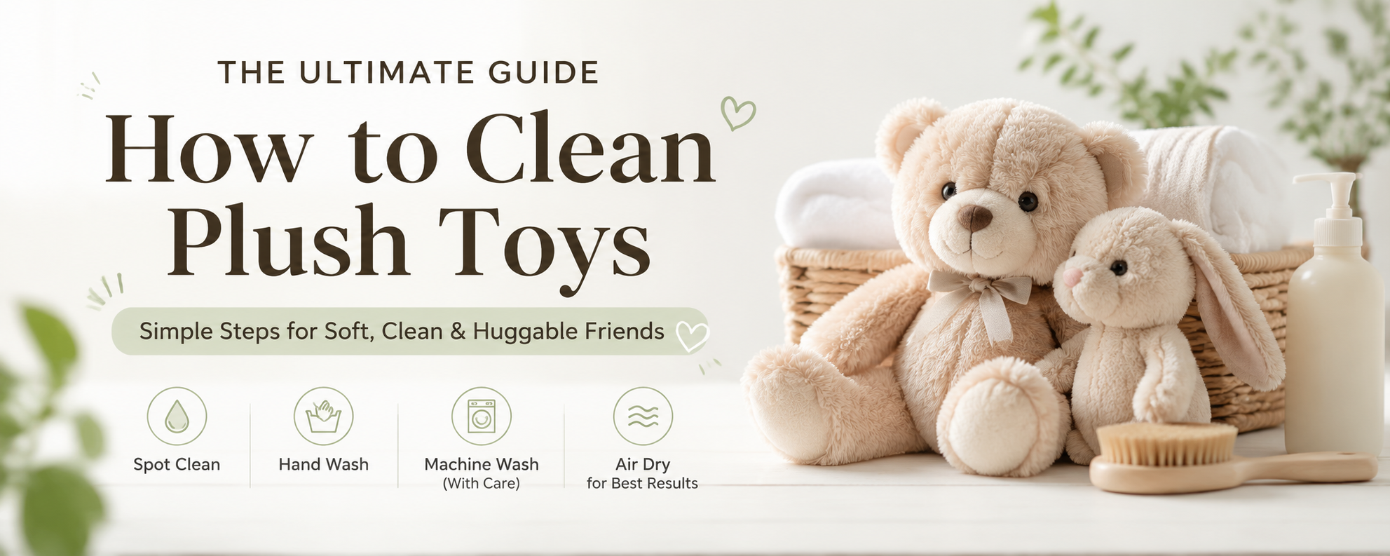 A minimal lifestyle banner showing plush toys beside cleaning supplies with the title “How to Clean Plush Toys – Ultimate Guide”, featuring a soft, clean and modern aesthetic for a blog article.