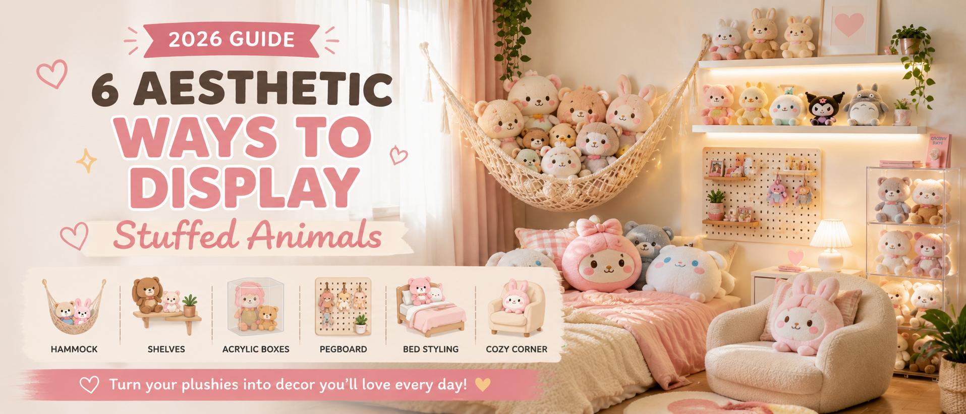 A cozy pastel bedroom showing six aesthetic ways to display stuffed animals, including a hammock, floating shelves, acrylic boxes, a pegboard, bed styling, and a plush toy corner.