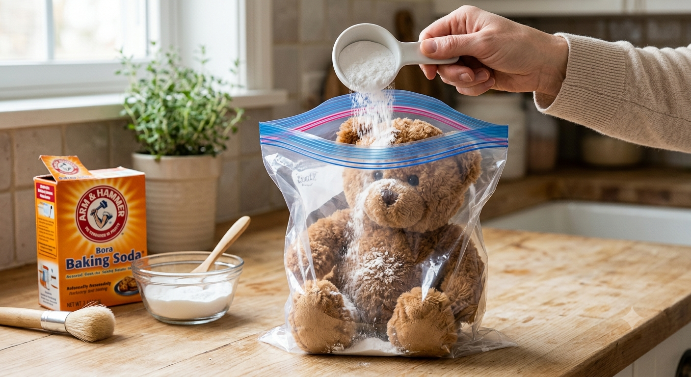 Pouring baking soda over a teddy bear inside a ziplock bag to safely dry clean and deodorize the plush toy