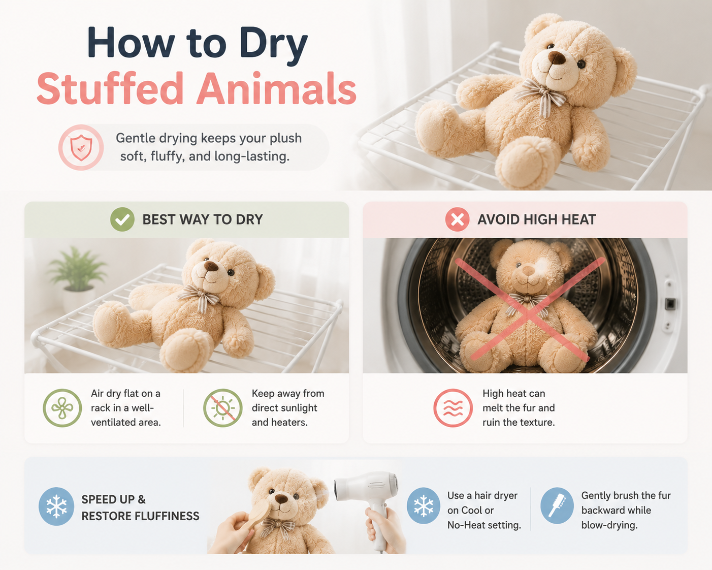 A clean minimalist infographic showing how to dry stuffed animals safely, highlighting air drying on a rack, avoiding high heat, and using a cool hair dryer setting to restore fluffiness.