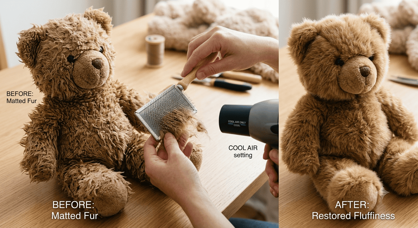 Before and after of fixing a matted teddy bear by brushing it with a pet slicker brush while applying cool air from a hair dryer to restore fluffiness.
