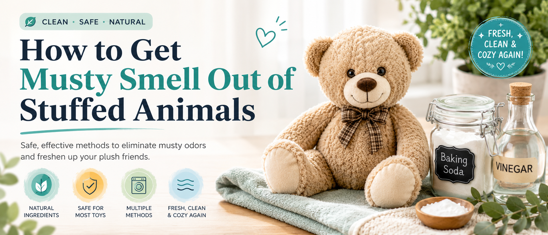 Teddy bear with baking soda and vinegar, showing safe natural methods to remove musty smell from stuffed animals