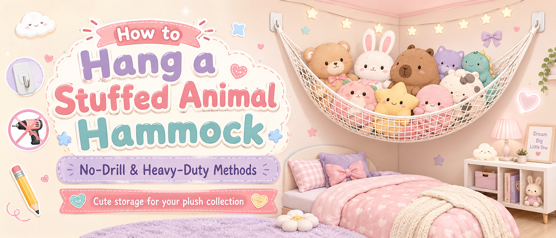 How to hang a stuffed animal hammock kawaii blog banner, featuring a plush toy storage hammock in a pastel bedroom with no-drill and heavy-duty installation methods.