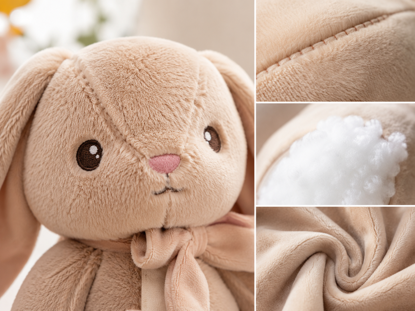 Close-up of a premium bunny plush showing tight stitching, fluffy PP cotton filling, soft Minky fabric, and embroidered eyes.
