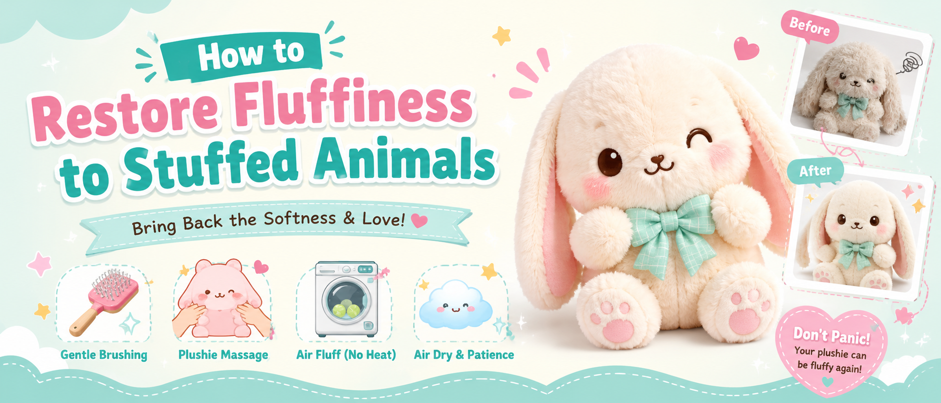 Kawaii-style blog banner showing a fluffy bunny plush toy with before-and-after plushie care illustrations for restoring softness and fluffiness to stuffed animals.