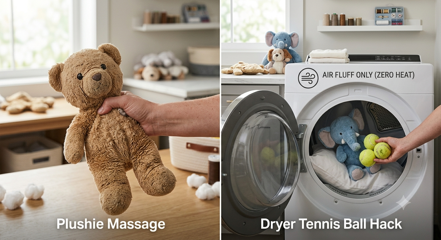 Side-by-side demonstration of fixing a flattened plush toy by hand kneading it, or by placing it in a no-heat clothes dryer with tennis balls.