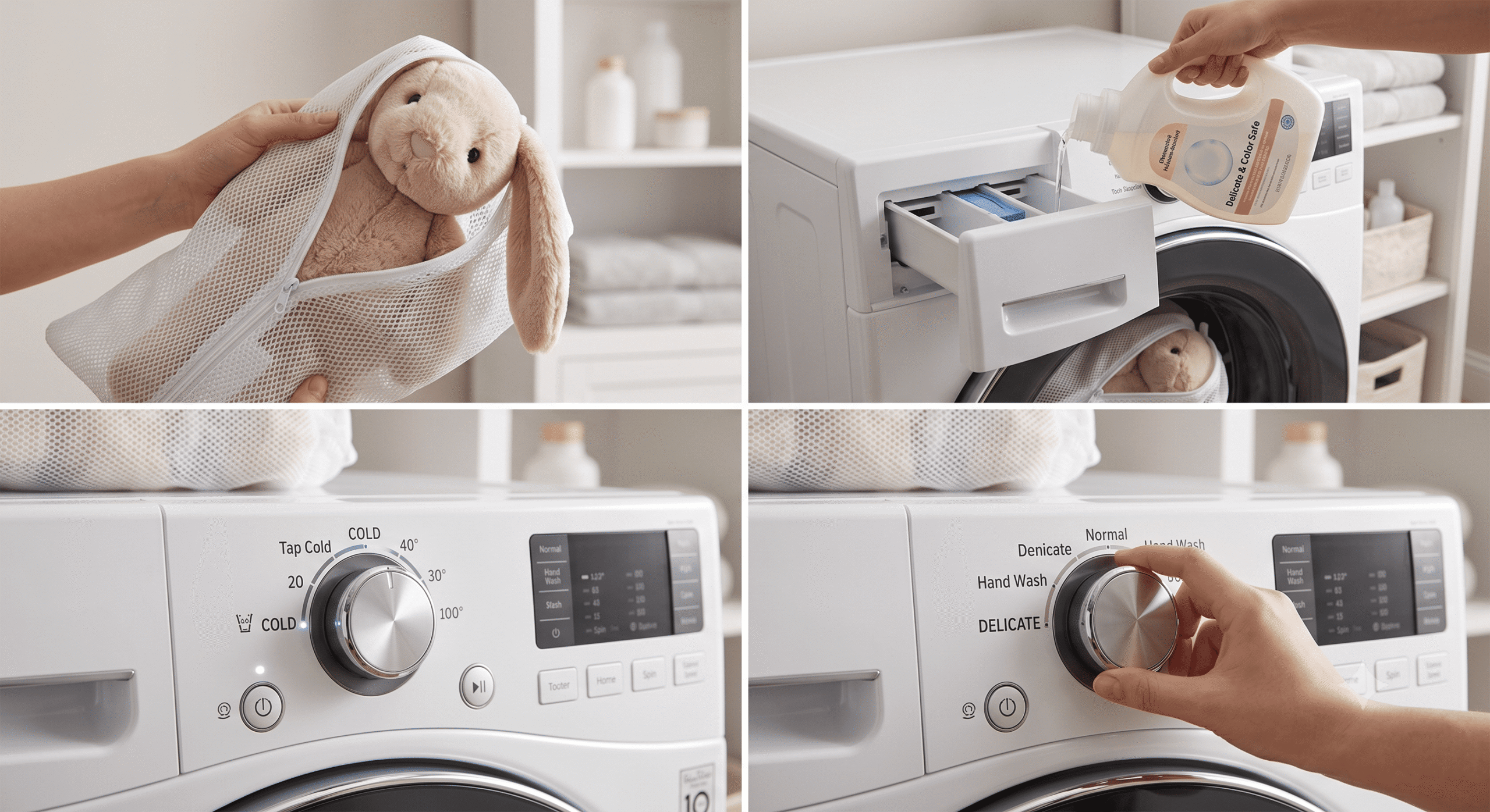 Step-by-step collage demonstrating the safe way to wash stuffed animals: protecting the toy in a zippered mesh bag, adding mild detergent, selecting the cold water setting, and choosing the delicate wash cycle