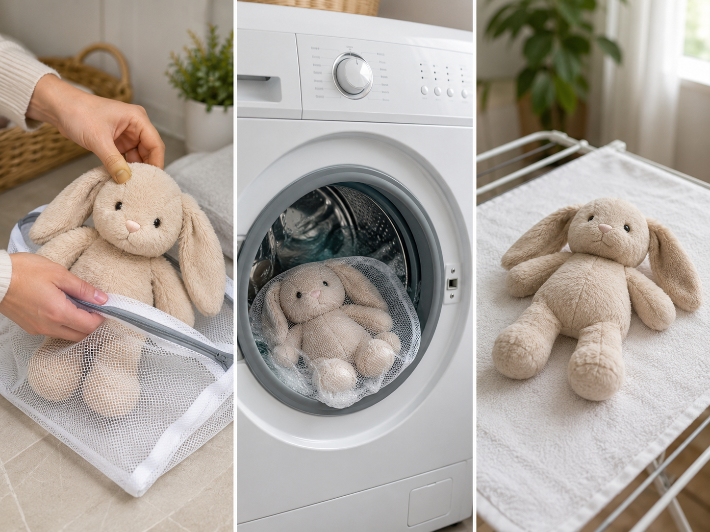 Three-step plush toy washing guide showing a bunny plush placed in a laundry bag, washed in cold water, and air dried flat on a towel.