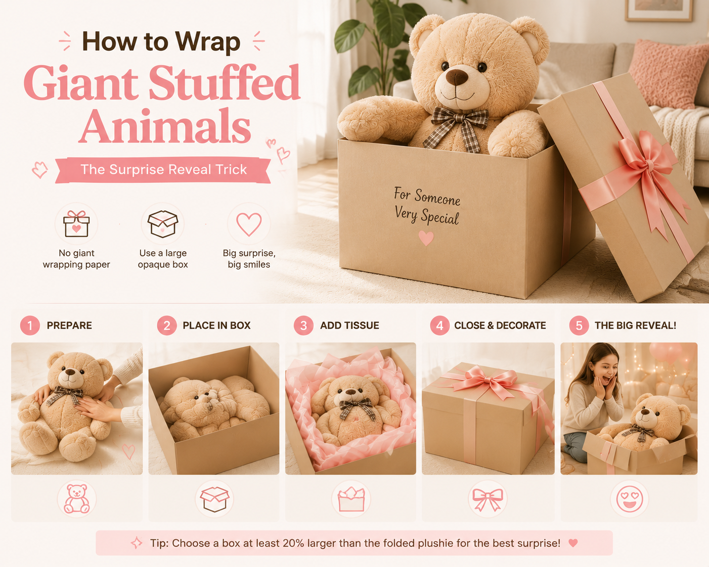 How to wrap giant stuffed animals with a large gift box for a surprise reveal, featuring an easy plush toy gift wrapping idea.