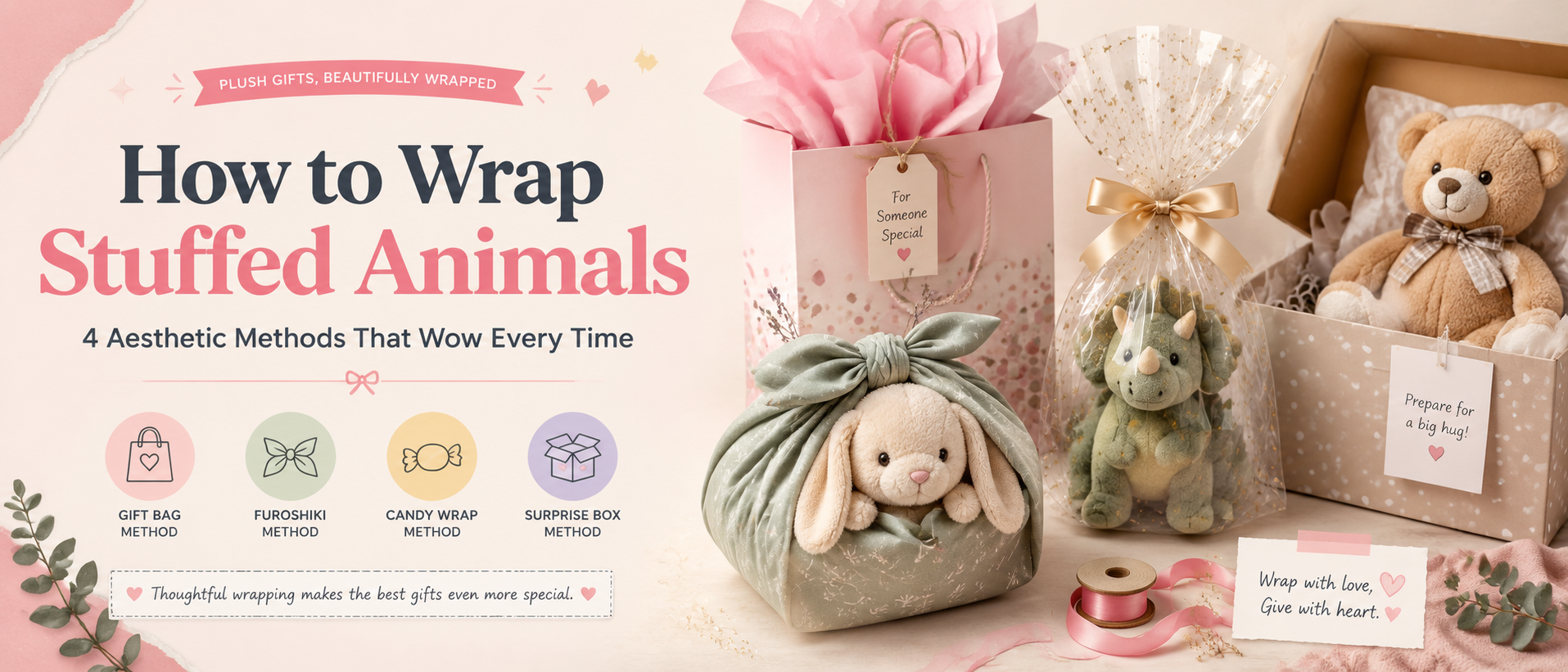 Aesthetic stuffed animal gift wrapping ideas showing four cute methods including gift bag, Furoshiki fabric wrap, candy wrap, and surprise box packaging.