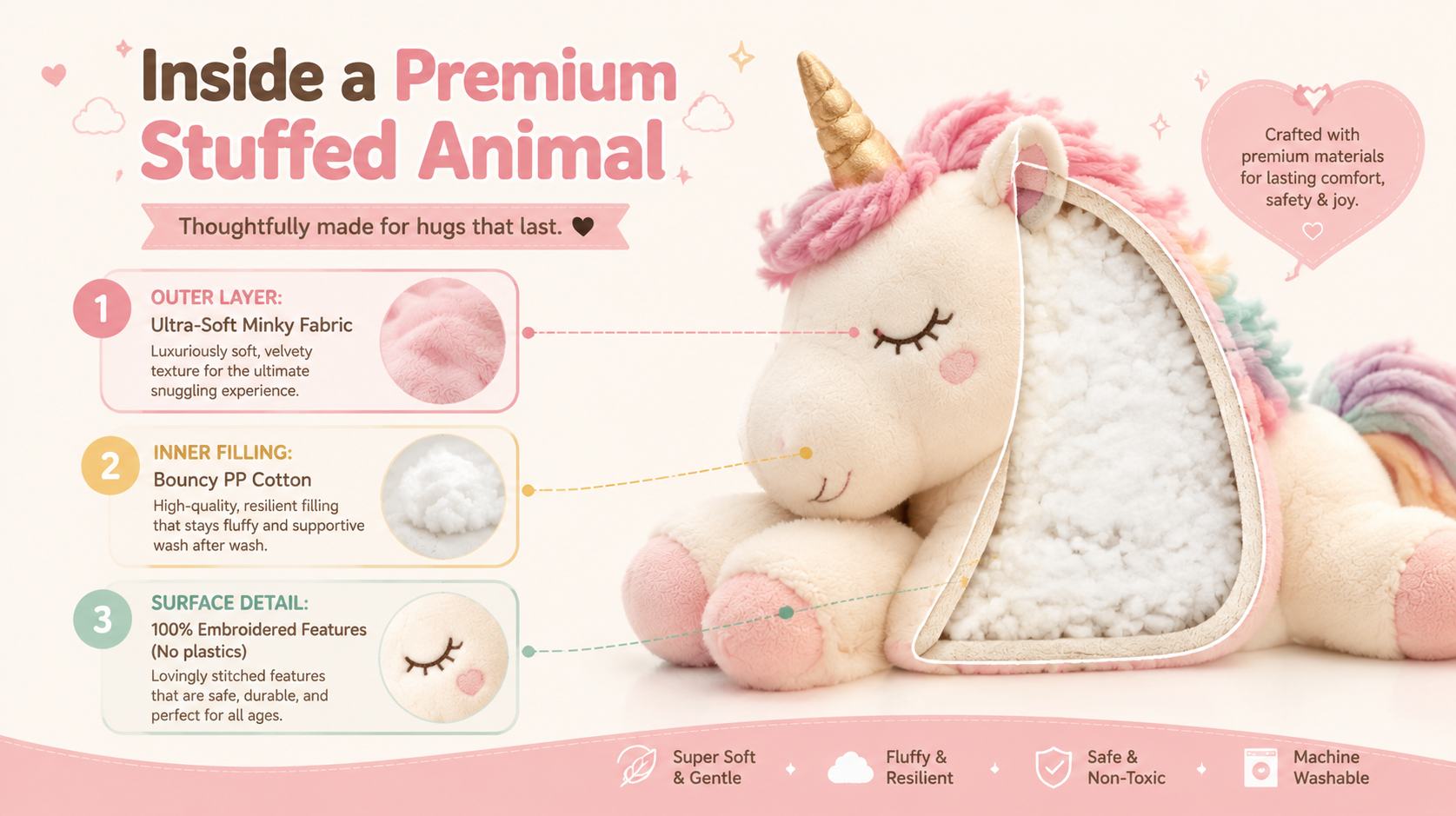 Cross-section infographic showing the inside of a premium stuffed animal with ultra-soft Minky fabric, fluffy PP cotton filling, and safe embroidered details.