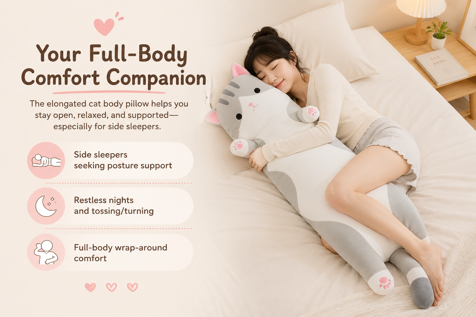 Young woman sleeping on her side while hugging a long cat body pillow for posture support, restful sleep, and full-body comfort