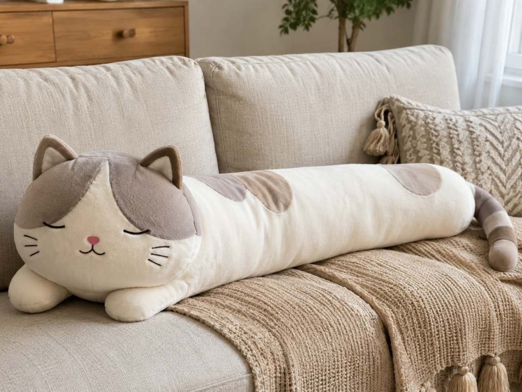 Photorealistic long cat plush pillow resting on a sofa in a cozy neutral-toned living room.