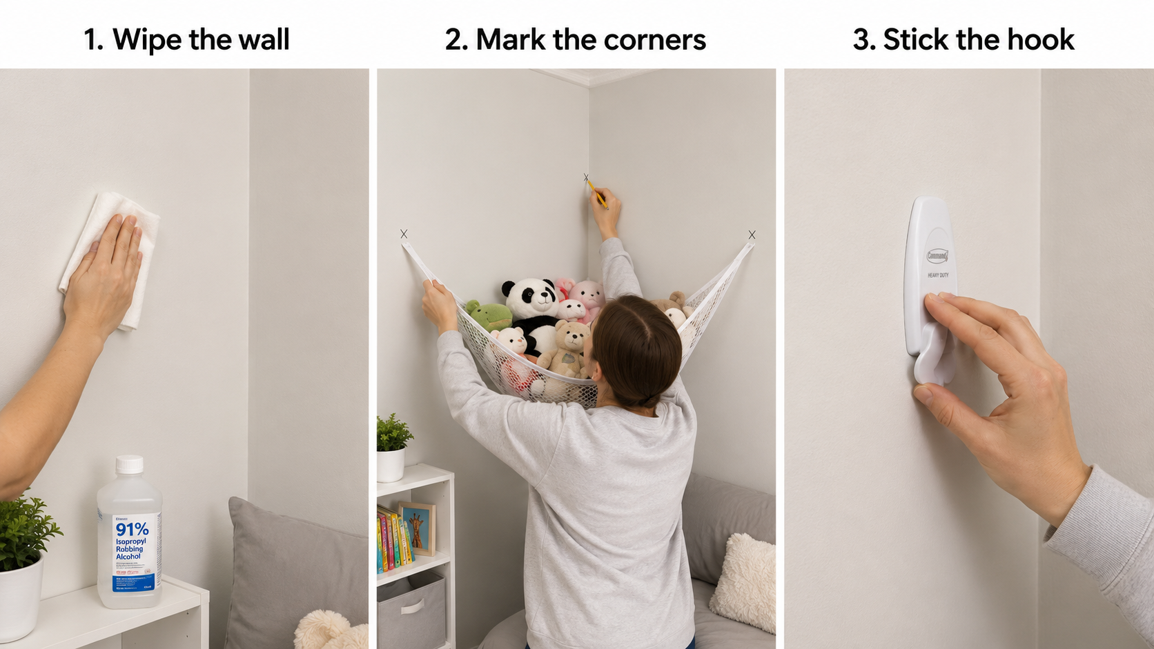 Realistic three-step guide showing how to install a stuffed animal hammock with no-drill adhesive hooks by wiping the wall, marking the corners, and sticking the hook.