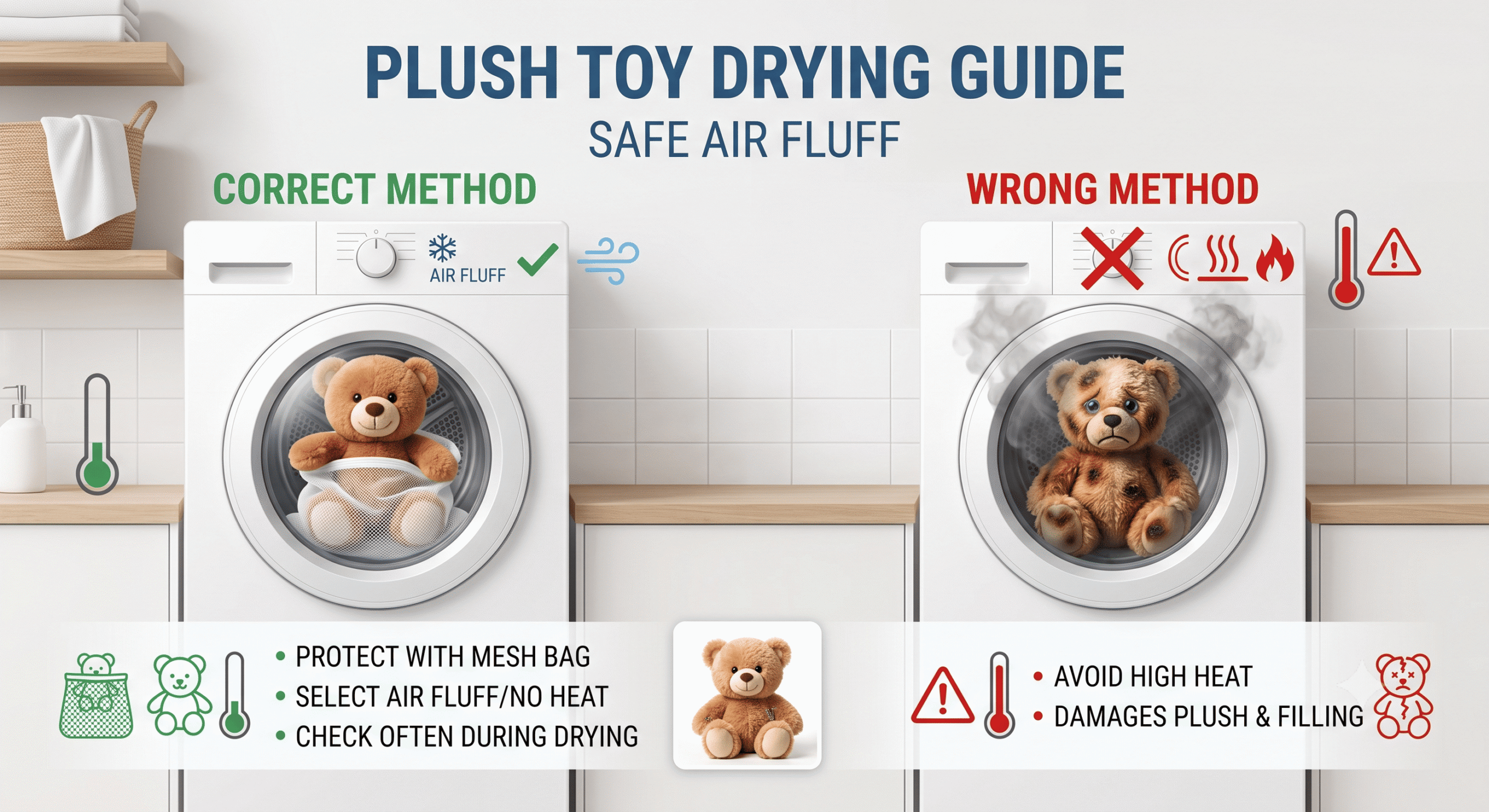 A side-by-side plush toy drying guide comparing the correct method of using a mesh bag and air fluff cycle, versus the wrong method of using high heat which damages the stuffed animal.