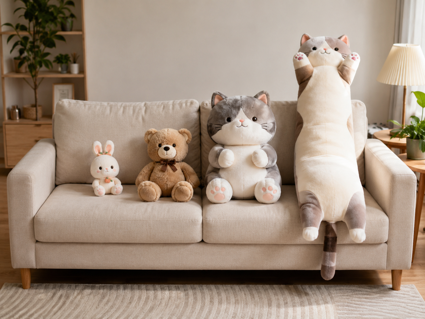 Size comparison of plush toys from a small 20 cm bunny to a giant 100 cm body pillow, displayed on a standard sofa for scale.