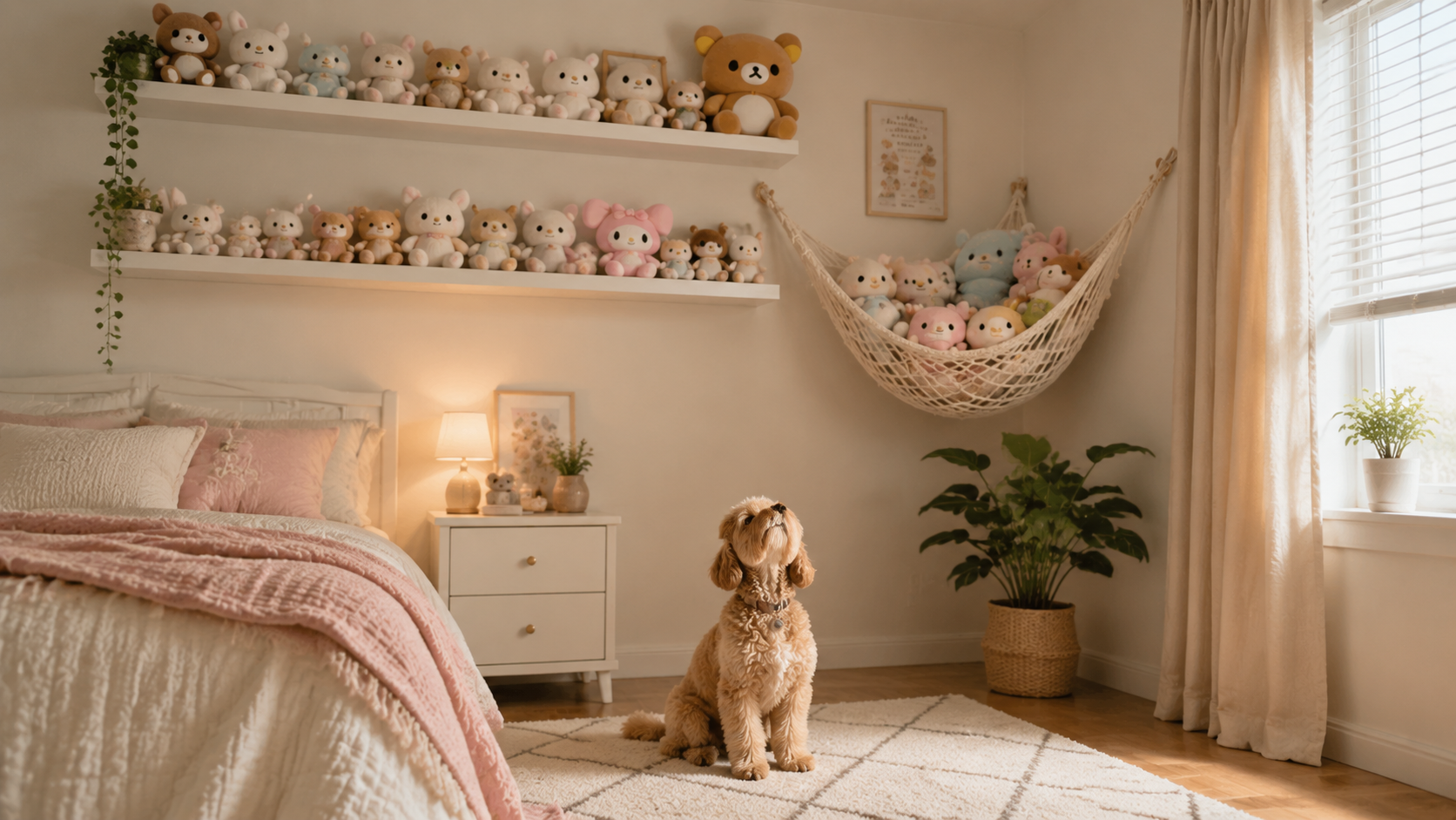 Aesthetic bedroom with stuffed animals organized on high shelves and a hammock while a small dog looks up safely from the floor