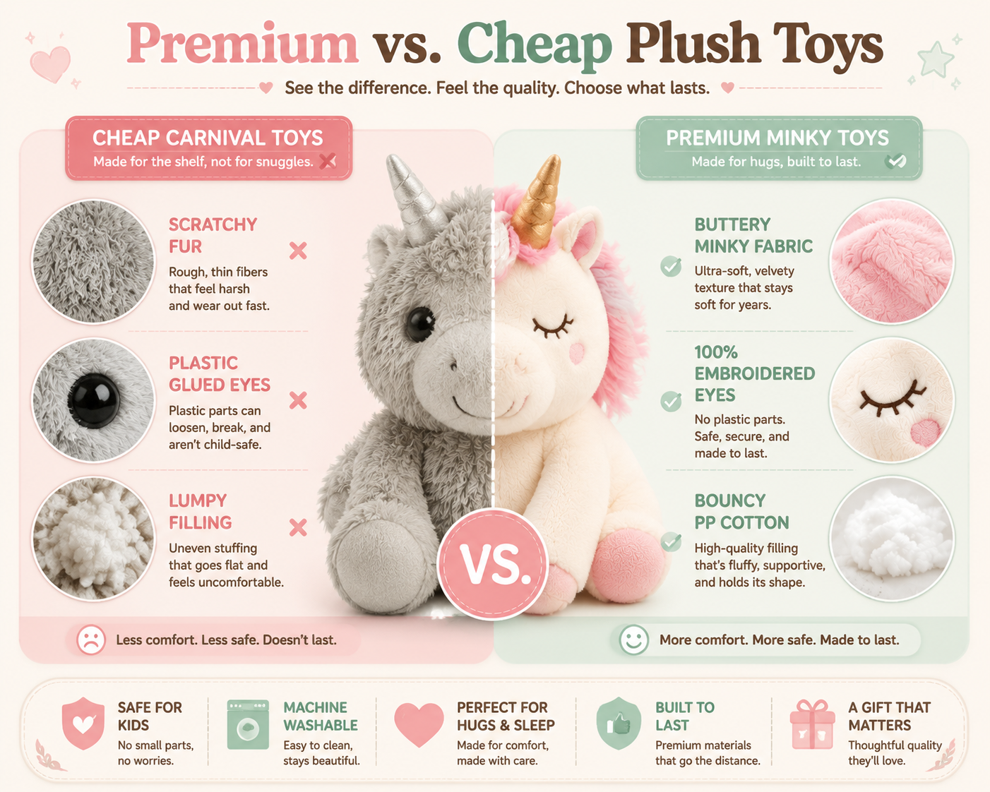 Comparison infographic showing premium vs cheap plush toys, highlighting Minky fabric, embroidered eyes, PP cotton filling, and differences in safety, softness, and durability.