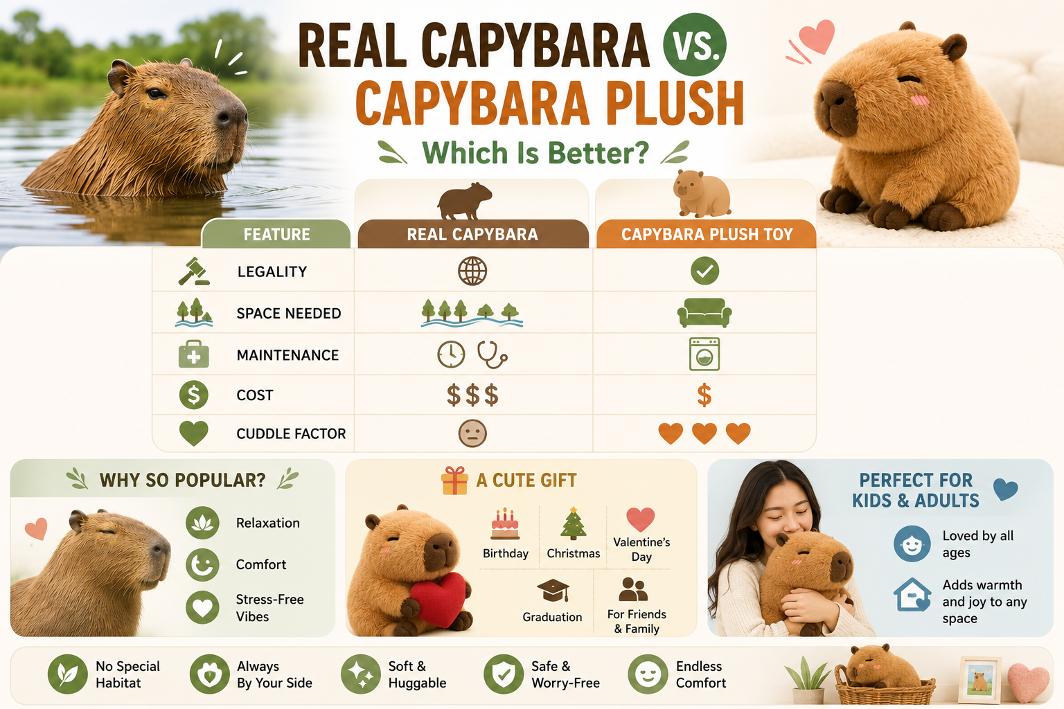 Real capybara and capybara plush comparison infographic showing space, cost, care, and cuddle factor.