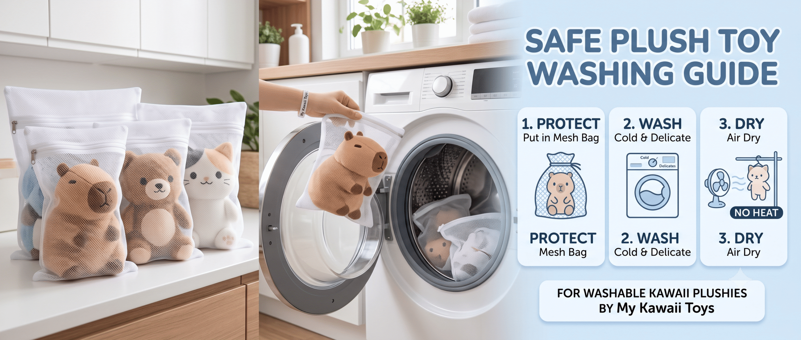 Safe plush toy washing guide banner showing stuffed animals in white mesh laundry bags being loaded into a washing machine, featuring a 3-step cleaning infographic.