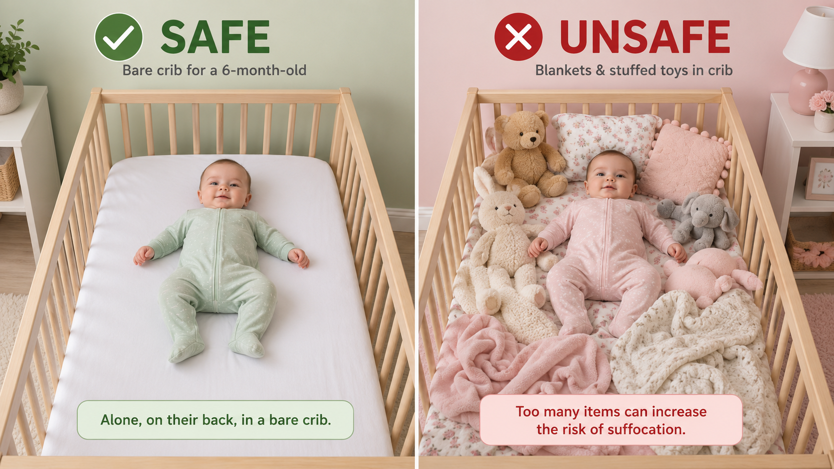 Realistic side-by-side comparison of a safe bare crib and an unsafe crib filled with blankets, pillows, and stuffed animals, showing why soft toys can be dangerous for newborn sleep.