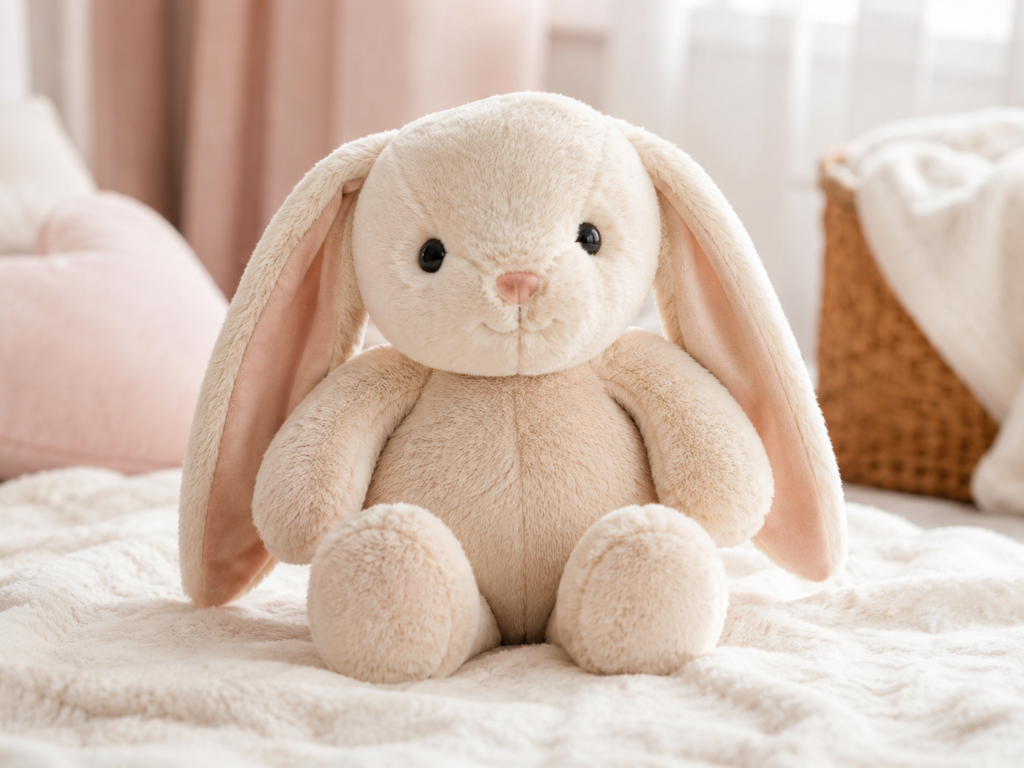 Photorealistic soft bunny plush toy for babies sitting on a cozy blanket in a gentle nursery setting.