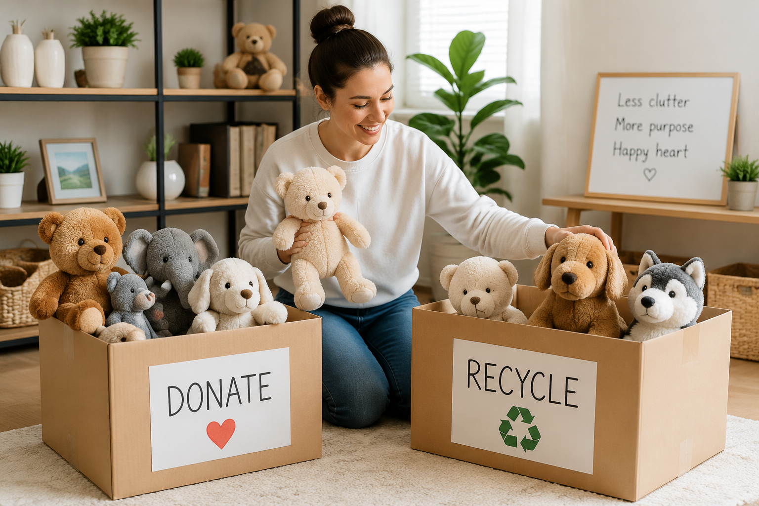 Person sorting old stuffed animals into donation and recycling boxes for eco-friendly reuse