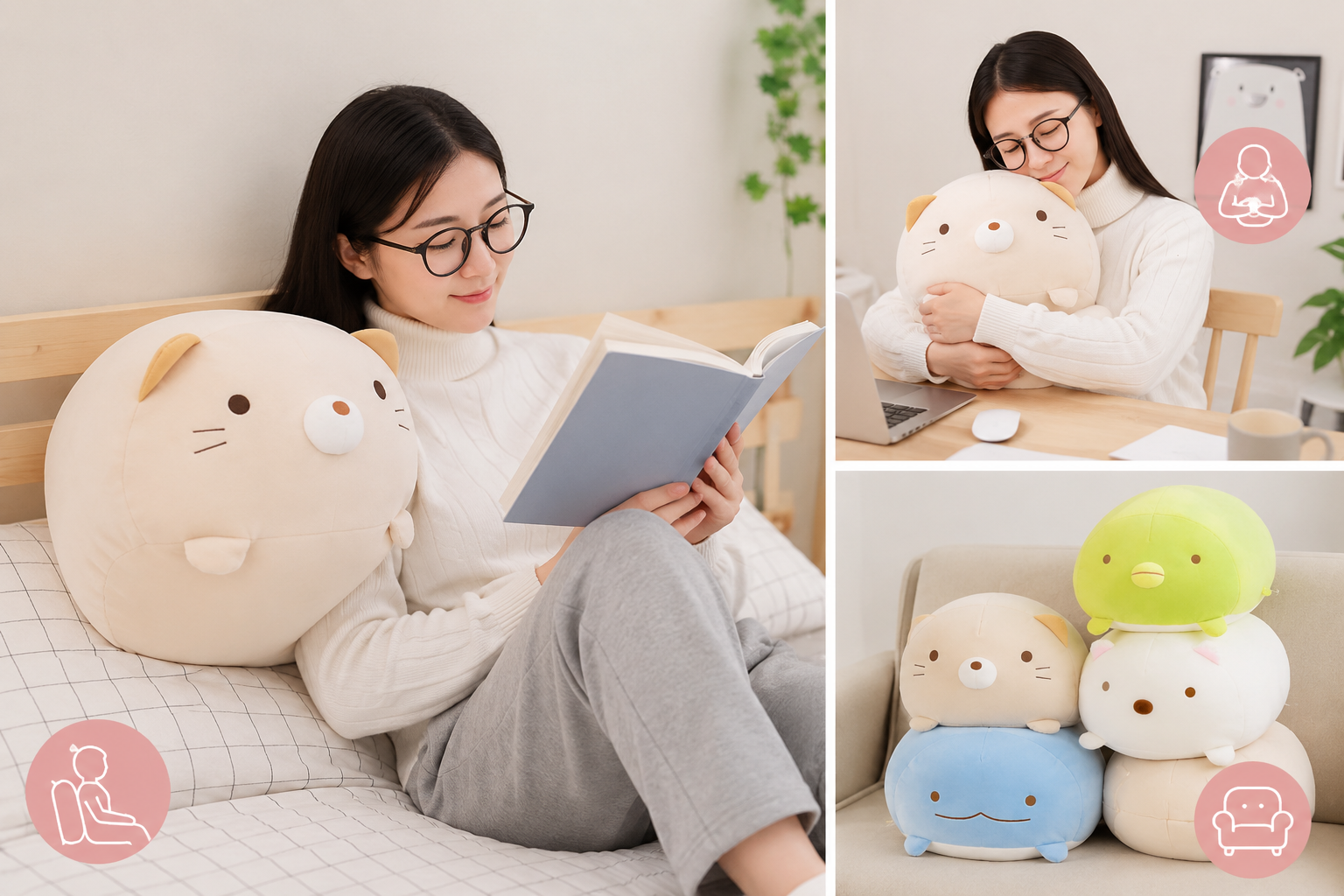 Young woman using a soft squishy animal cushion for back support while reading, hugging it at a desk, and displaying it on a sofa